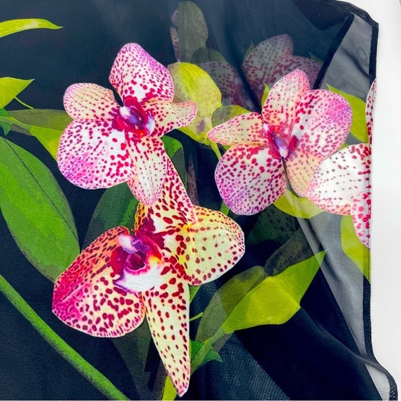 Venus Black Sheath‎ Dress with Large Pink Orchids Sheer Fabric Sleeveless Medium - Picture 4 of 12